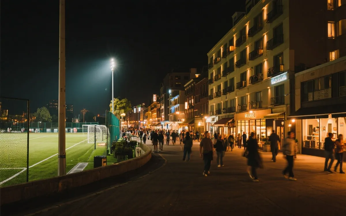 夜晚球场周边街区与酒店灯光，体现世界杯住宿紧张氛围