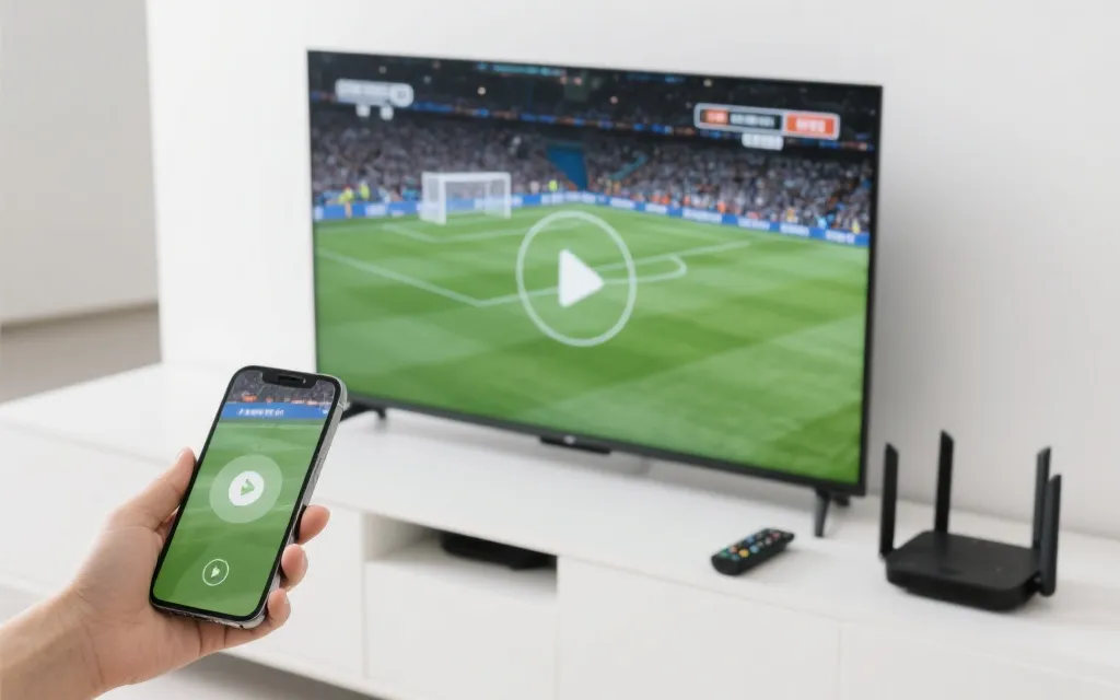 手机一键投屏到电视显示足球直播，旁边有路由器与遥控器